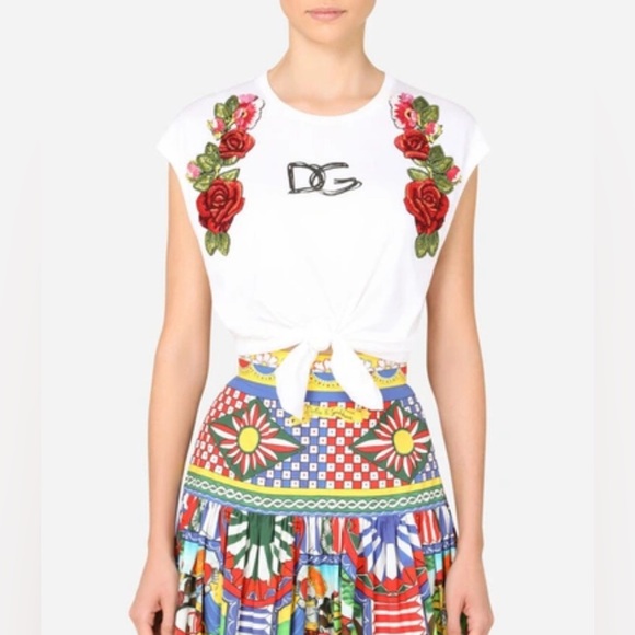Dolce and Gabbana Jersey t-shirt with tie hem and raffia embroidery - Picture 2 of 6